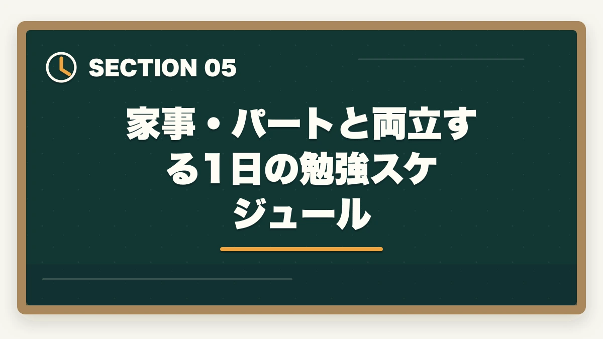 家事・パートと両立する1日の勉強スケジュール｜介護福祉士 通信講座 50代 主婦 比較|ユーキャンvsキャリカレなど5社の徹底ガイドの図解