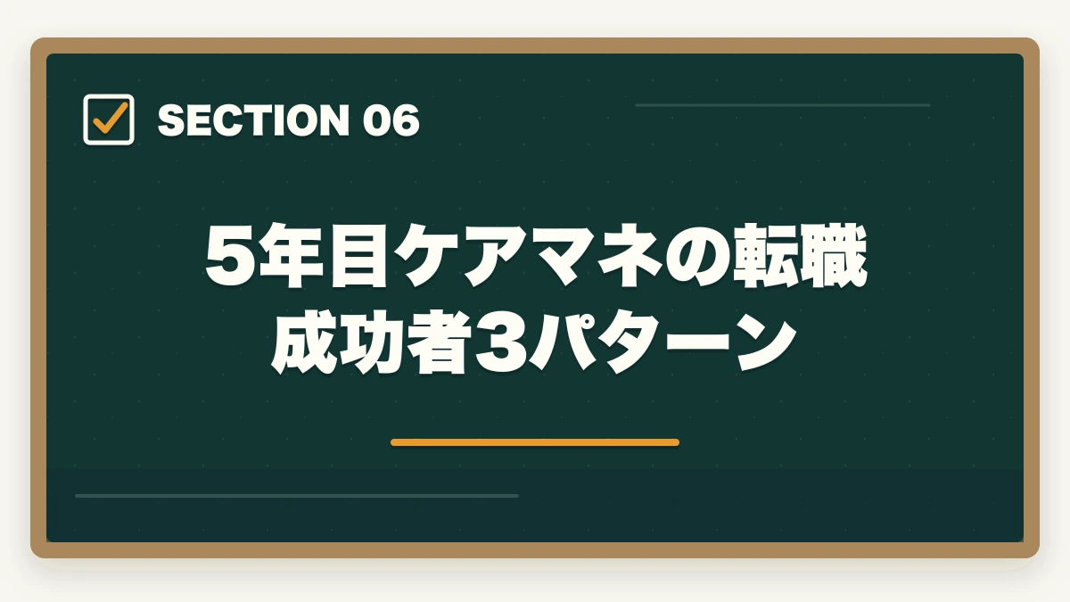 5年目ケアマネの転職成功者3パターン｜ケアマネ 5年目 給料 上がらない|主任取得+地域包括+独立で年収突破4戦略の図解