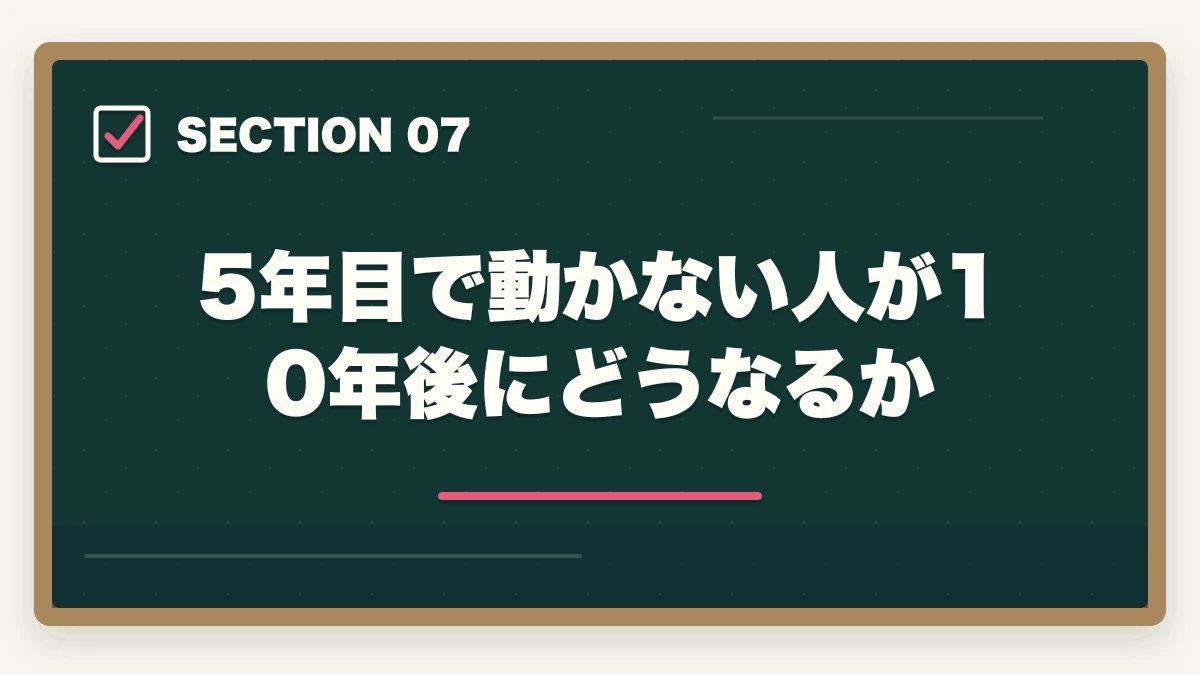 5年目で動かない人が10年後にどうなるか｜ケアマネ 5年目 給料 上がらない|主任取得+地域包括+独立で年収突破4戦略の図解