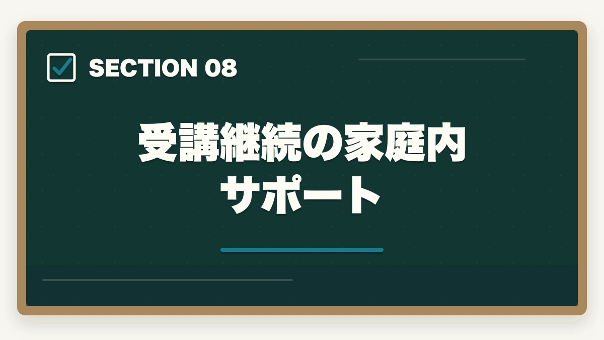 受講継続の家庭内サポート｜ケアマネ通信講座おすすめ3社|5年目から始める合格率4倍化の図解