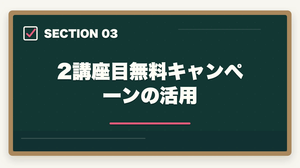2講座目無料キャンペーンの活用｜登販キャリカレ評判|全額返金保証+2講座目無料の特長と注意点の図解
