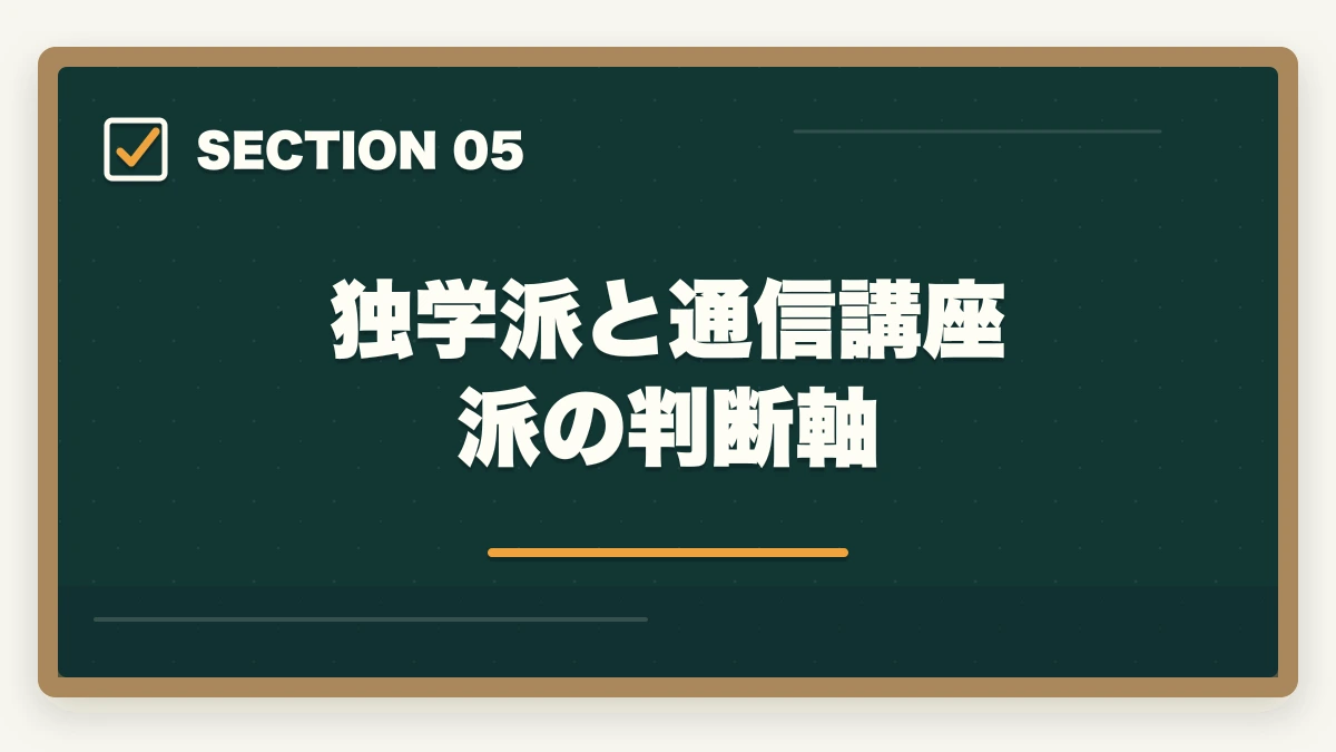 独学派と通信講座派の判断軸｜登録販売者の勉強法|働きながら合格する10年介護経験者の独学攻略法【2026年最新】の図解