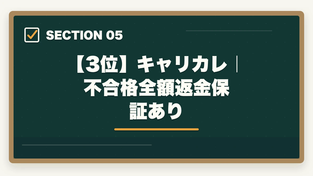 【3位】キャリカレ｜不合格全額返金保証あり｜登録販売者の通信講座おすすめ7選|働きながら合格できる選び方【2026年】の図解