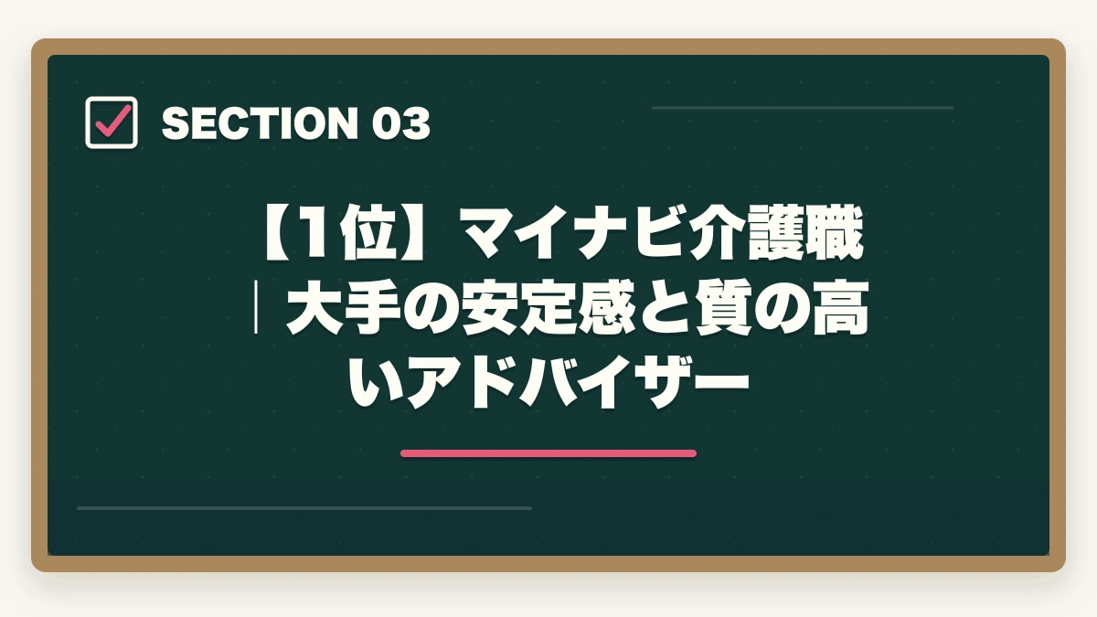 【1位】マイナビ介護職｜大手の安定感と質の高いアドバイザー｜ケアマネジャーの転職エージェントおすすめ7選|10年介護経験者が選ぶケアマネ専門求人サイトの図解