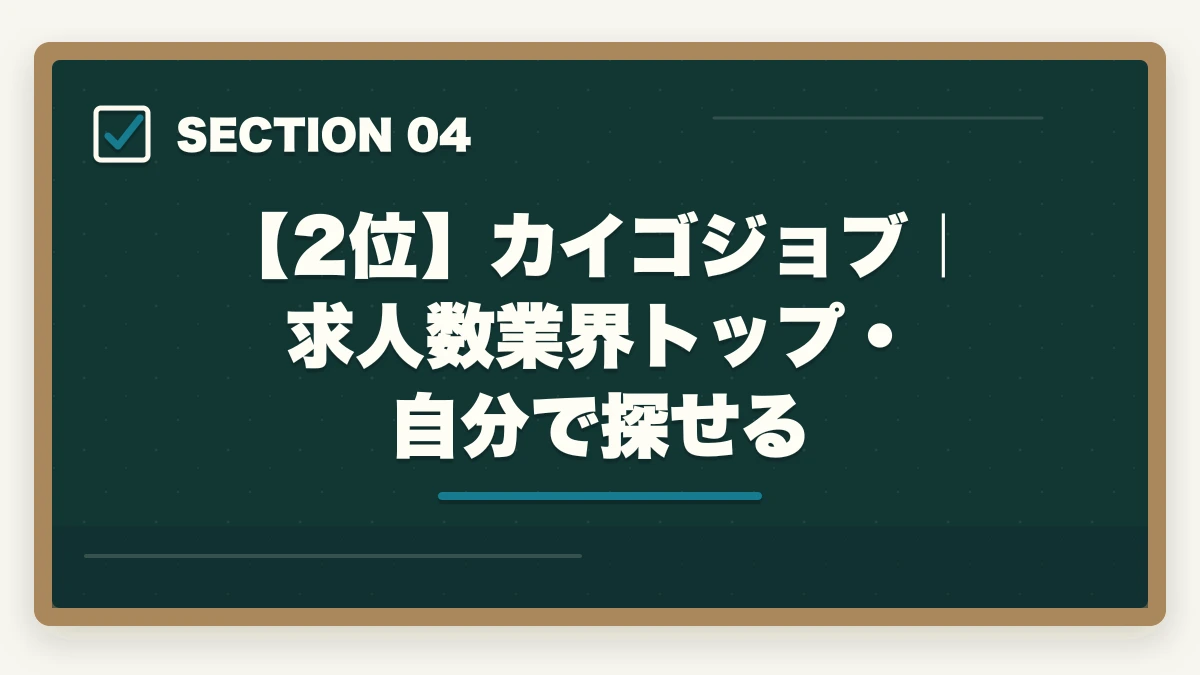 【2位】カイゴジョブ｜求人数業界トップ・自分で探せる｜ケアマネジャーの転職エージェントおすすめ7選|10年介護経験者が選ぶケアマネ専門求人サイトの図解