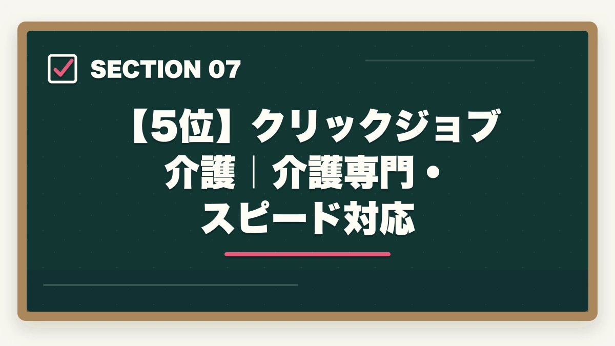 【5位】クリックジョブ介護｜介護専門・スピード対応｜ケアマネジャーの転職エージェントおすすめ7選|10年介護経験者が選ぶケアマネ専門求人サイトの図解