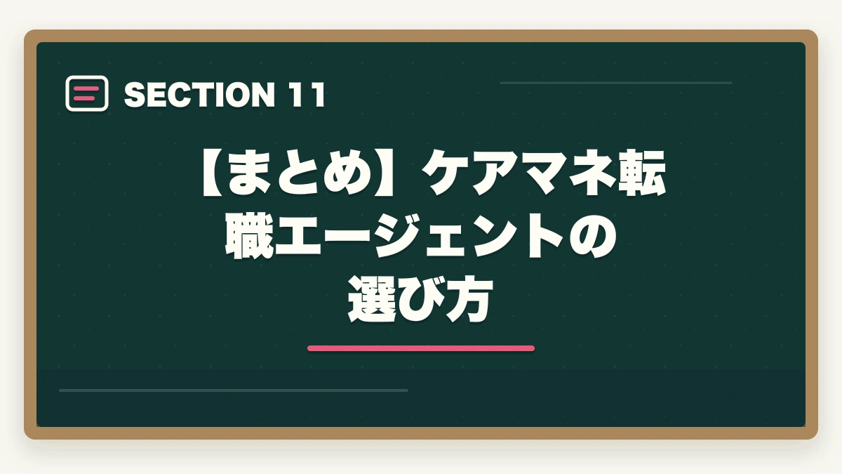 【まとめ】ケアマネ転職エージェントの選び方｜ケアマネジャーの転職エージェントおすすめ7選|10年介護経験者が選ぶケアマネ専門求人サイトの図解