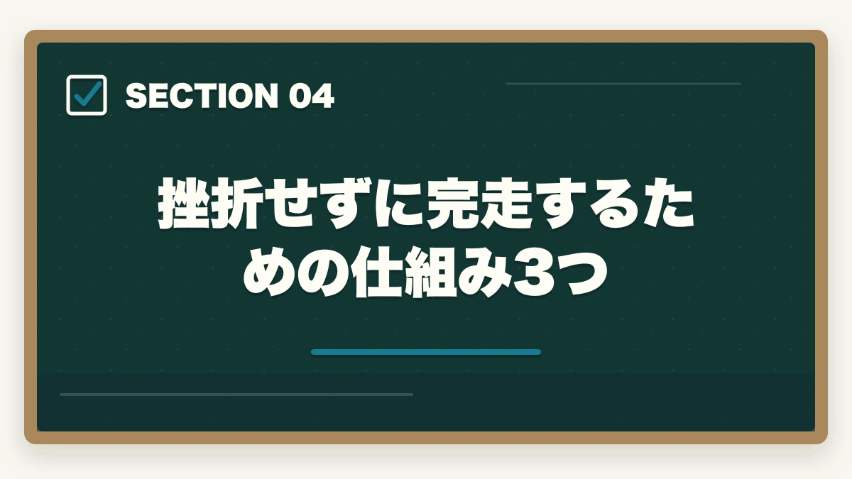 挫折せずに完走するための仕組み3つ｜社会福祉士の通信講座1年計画で立ち上げ期2ヶ月が勝負の図解