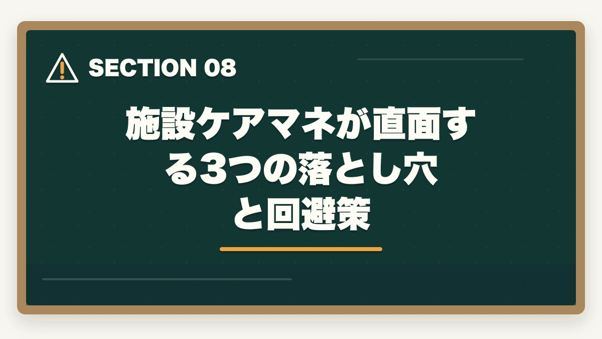 施設ケアマネが直面する3つの落とし穴と回避策｜施設ケアマネの1日スケジュールと居宅との3つの違いの図解