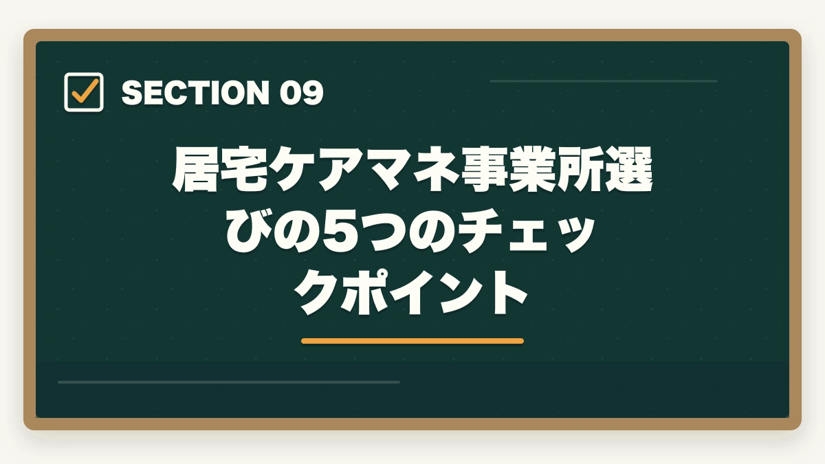 居宅ケアマネ事業所選びの5つのチェックポイント｜居宅ケアマネ1日のスケジュールと35名担当の年収アップ戦略の図解