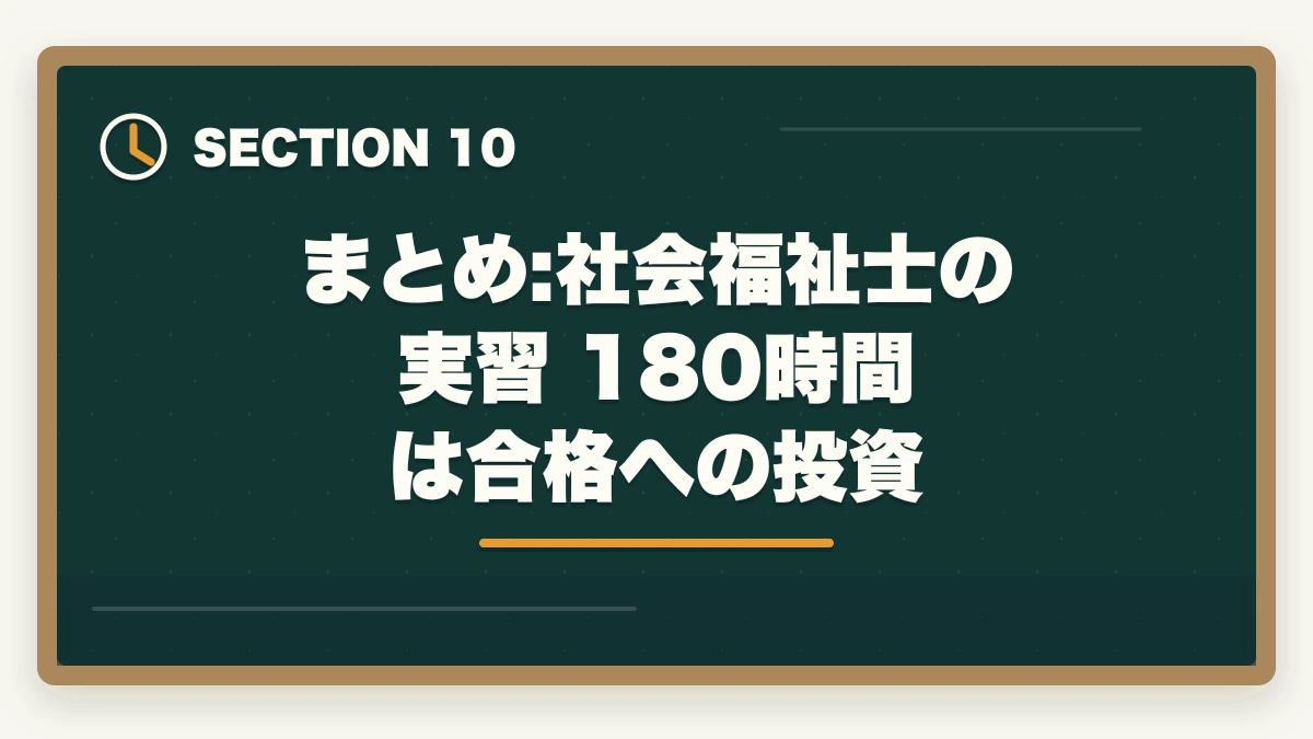 まとめ:社会福祉士の実習 180時間 は合格への投資｜社会福祉士の実習180時間内訳と社会人の有給確保戦略の図解