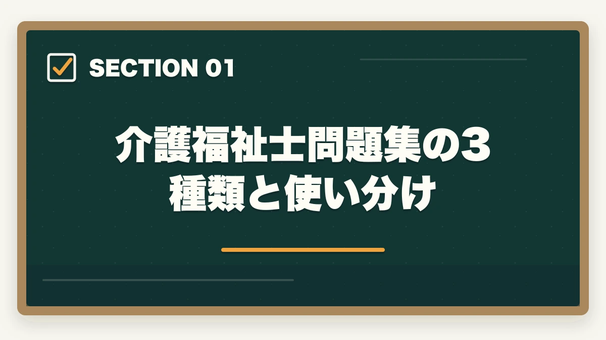 介護福祉士問題集の3種類と使い分け｜介護福祉士の問題集おすすめ7冊と6ヶ月で合格点を取る活用術の図解