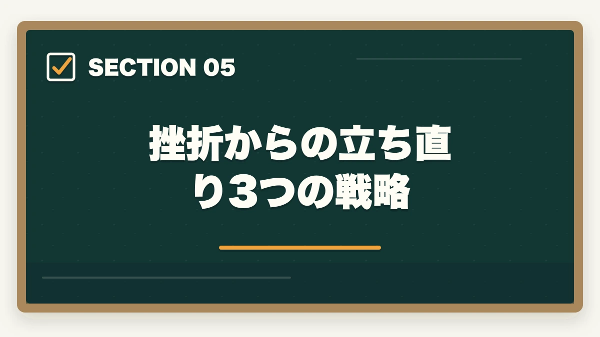 挫折からの立ち直り3つの戦略｜登録販売者通信講座の失敗5パターンと挫折率を10%以下にする方法の図解