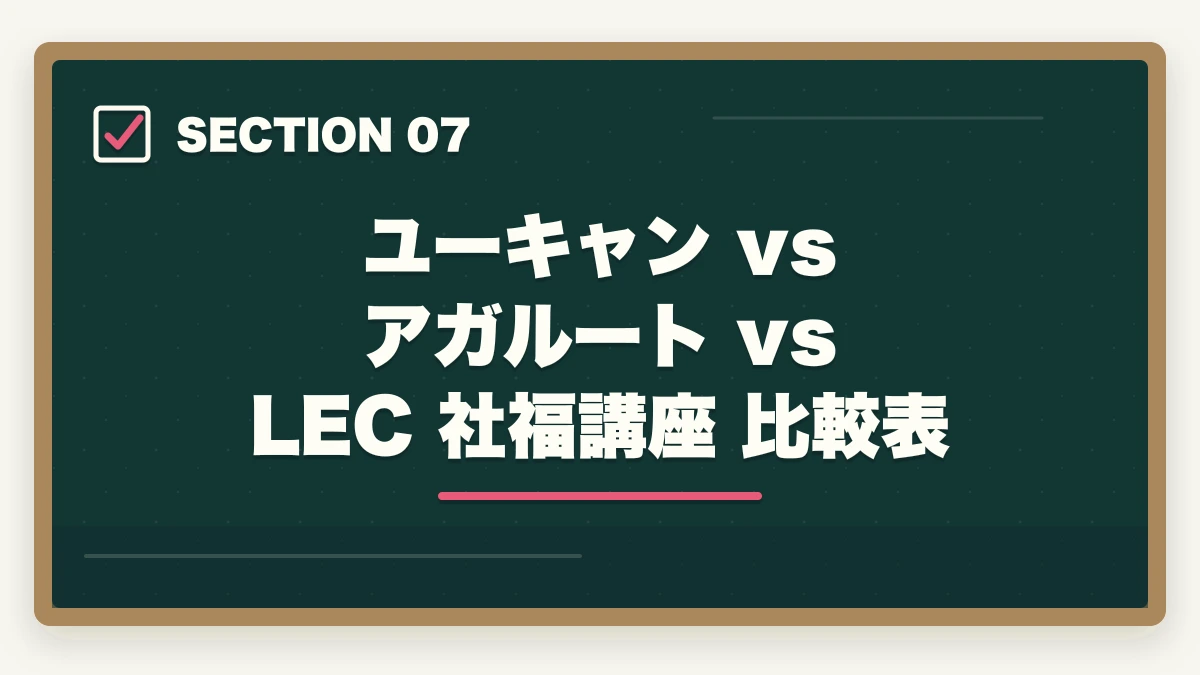 ユーキャン vs アガルート vs LEC 社福講座 比較表｜社会福祉士ユーキャンの評判は悪い？10年介護経験者が口コミ・他社比較・教育訓練給付制度まで本音解説の図解