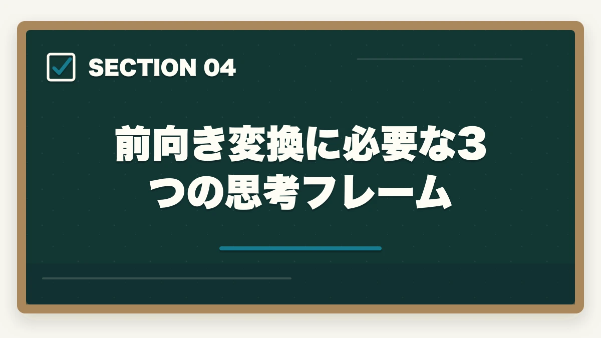 前向き変換に必要な3つの思考フレーム｜介護転職の退職理由7パターンを前向き変換するテンプレ全集の図解