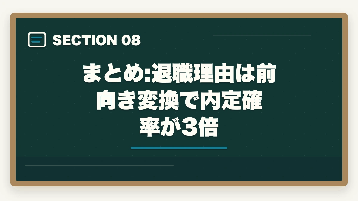 まとめ:退職理由は前向き変換で内定確率が 3倍｜介護転職の退職理由7パターンを前向き変換するテンプレ全集の図解
