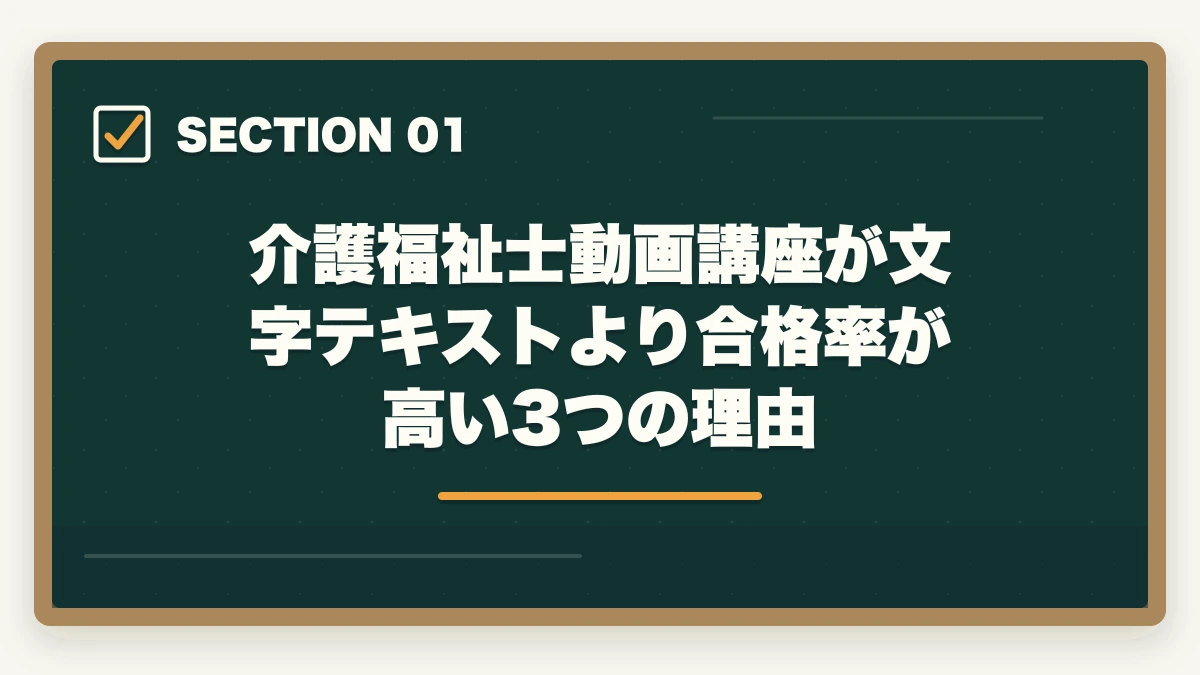 介護福祉士動画講座が文字テキストより合格率が高い3つの理由｜介護福祉士の動画講座おすすめ3社をスマホ学習者向けに比較の図解