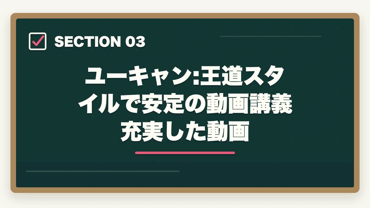 ユーキャン:王道スタイルで安定の動画講義 充実した動画｜介護福祉士の動画講座おすすめ3社をスマホ学習者向けに比較の図解