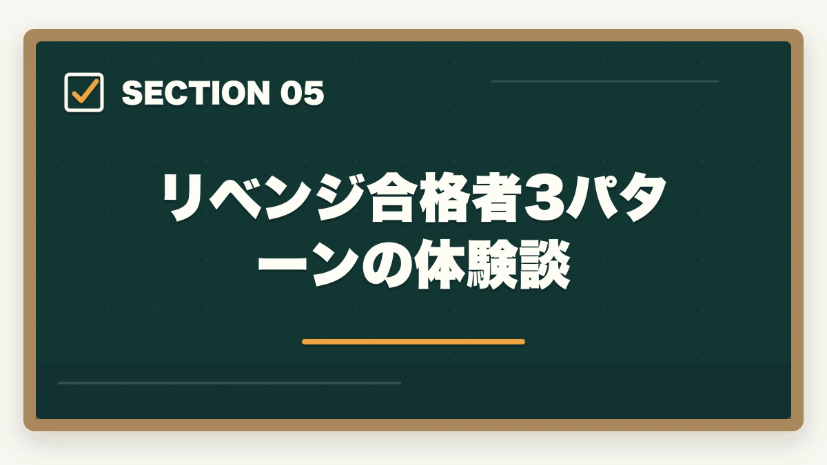 リベンジ合格者3パターンの体験談｜社会福祉士で1点足りなかった人の70%が合格するリベンジ戦略の図解