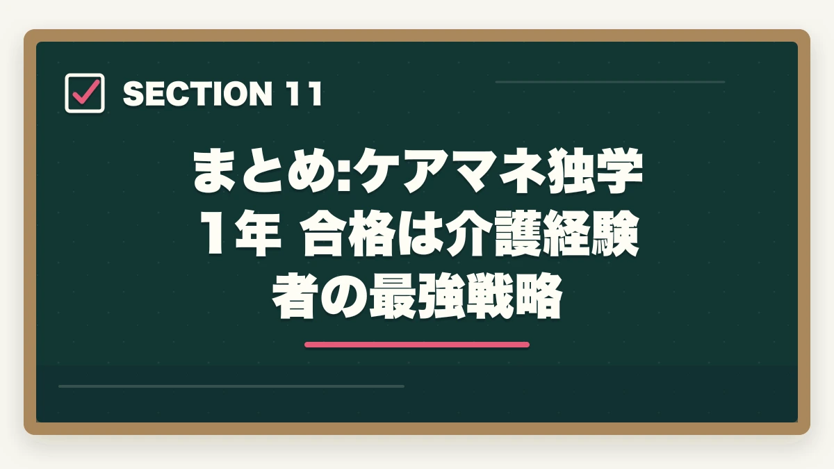 まとめ:ケアマネ独学 1年 合格は介護経験者の最強戦略｜ケアマネを独学1年で合格する介護経験者向け学習ロードマップの図解