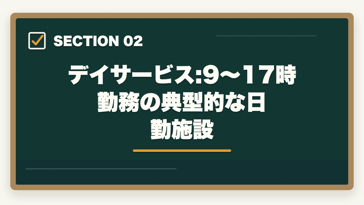 デイサービス:9〜17時勤務の典型的な日勤施設｜夜勤なし介護施設の選び方と日勤専門で年収450万円超を実現する戦略の図解