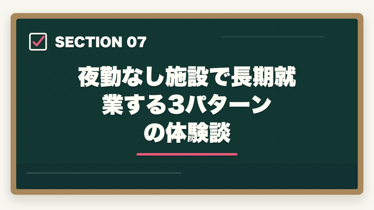 夜勤なし施設で長期就業する3パターンの体験談｜夜勤なし介護施設の選び方と日勤専門で年収450万円超を実現する戦略の図解