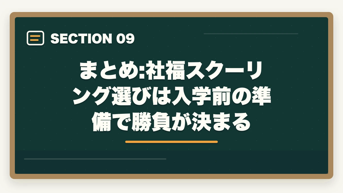 まとめ:社福スクーリング選びは入学前の準備で勝負が決まる｜社会福祉士のスクーリング日程3形態と社会人の職場交渉戦略の図解