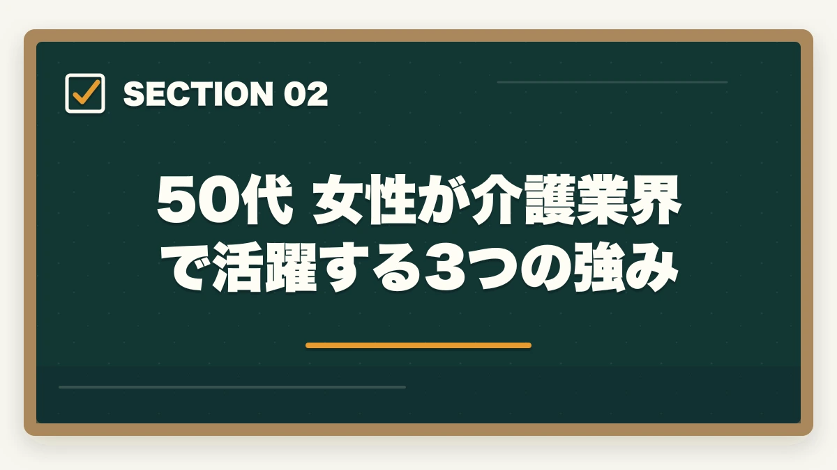 50代 女性が介護業界で活躍する3つの強み｜50代女性が介護福祉士から介護転職で年収450万円を実現する戦略の図解