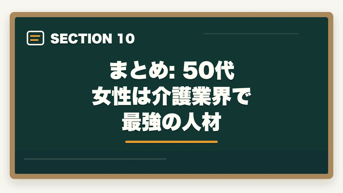 まとめ: 50代 女性は介護業界で最強の人材｜50代女性が介護福祉士から介護転職で年収450万円を実現する戦略の図解