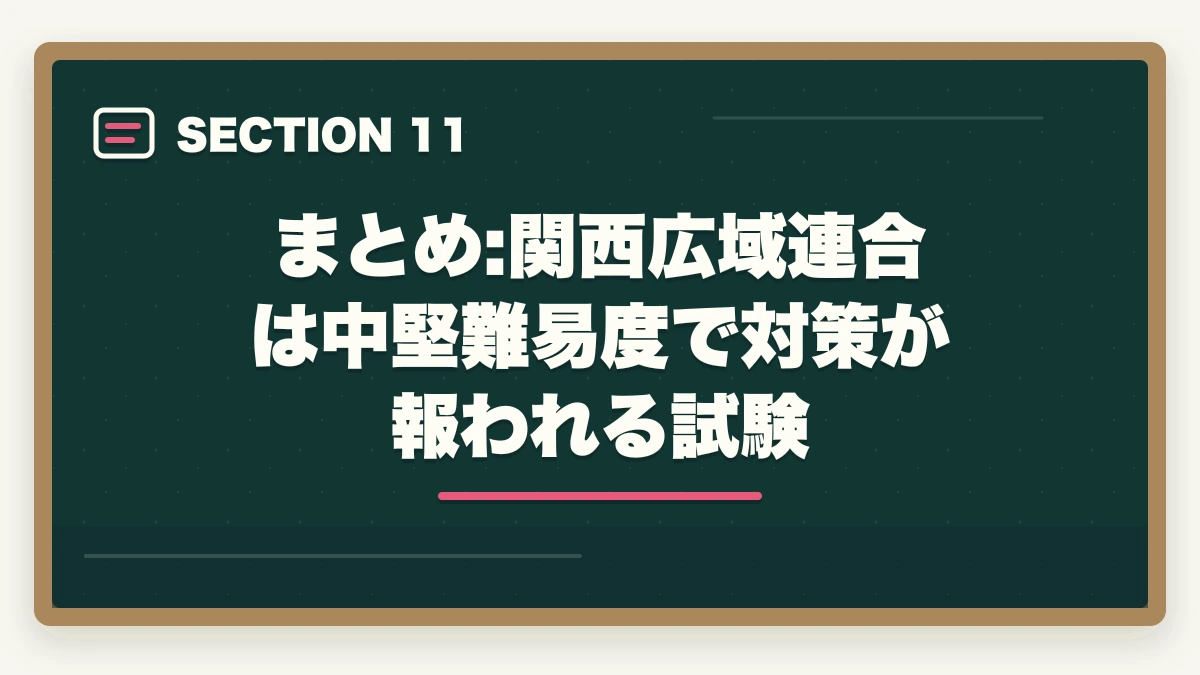 まとめ:関西広域連合は中堅難易度で対策が報われる試験｜登録販売者の関西広域連合試験の合格率と第3章特化の対策戦略の図解
