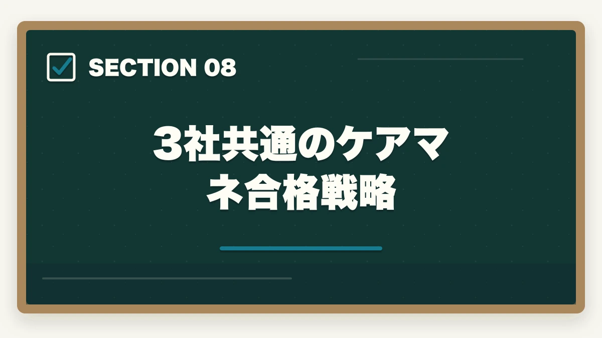 3社共通のケアマネ合格戦略｜ケアマネジャー通信講座のユーキャン大原三幸福祉3社徹底比較の図解
