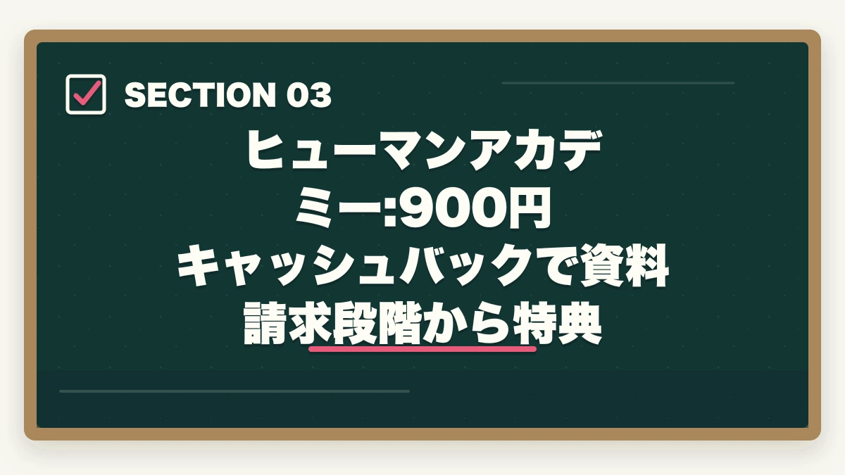 ヒューマンアカデミー: 900円 キャッシュバックで資料請求段階から特典｜登録販売者通信講座のユーキャンヒューマンキャリカレ3社徹底比較の図解