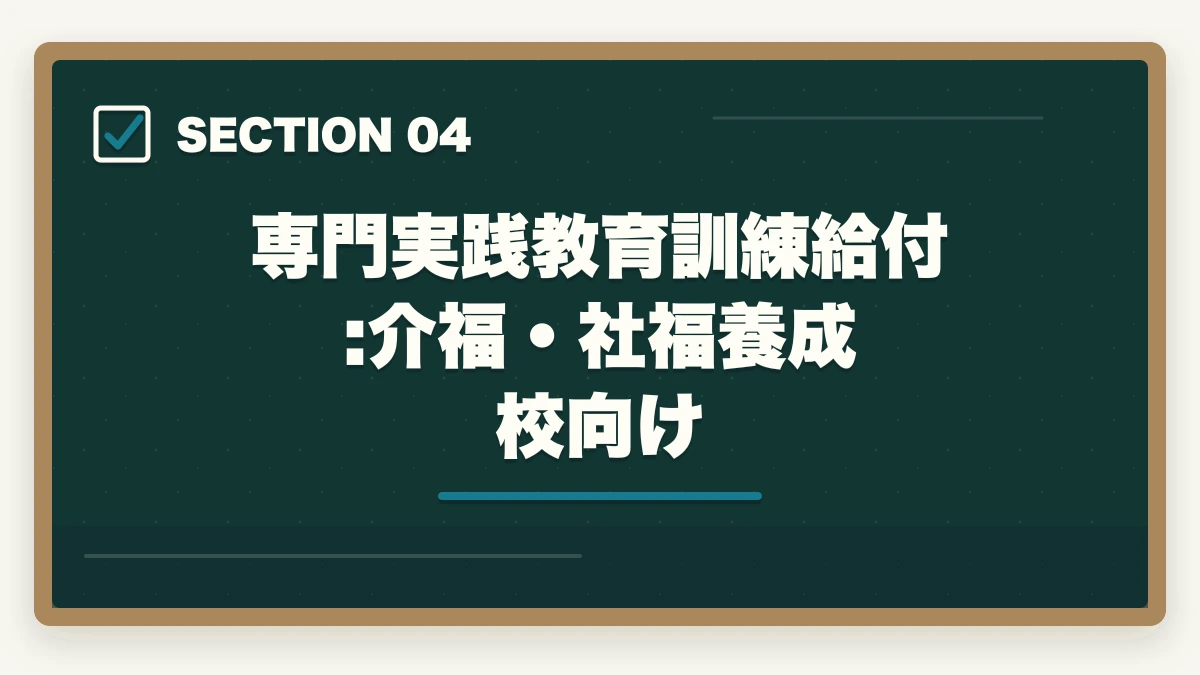 専門実践教育訓練給付:介福・社福養成校向け｜教育訓練給付金で介護資格を取得する3制度の徹底活用ガイドの図解