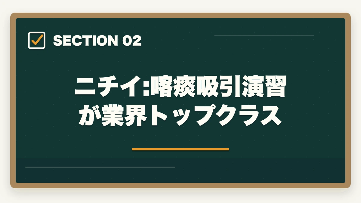 ニチイ:喀痰吸引演習が業界トップクラス｜介護実務者研修のニチイ三幸福祉未来ケアカレッジ3社徹底比較の図解