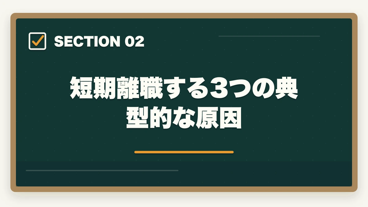 短期離職する3つの典型的な原因｜介護を半年で辞めた人が再転職を成功させる戦略と退職理由の伝え方の図解