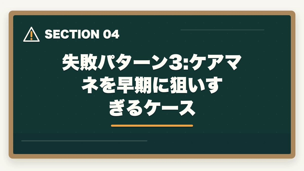 失敗パターン3:ケアマネを早期に狙いすぎるケース｜介護資格を取る順番で失敗する3パターン|王道ルートと最短取得法の図解