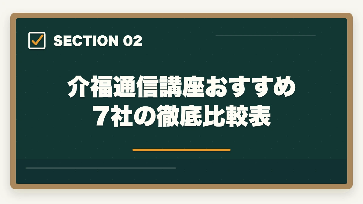 介福通信講座おすすめ7社の徹底比較表|介護福祉士の通信講座おすすめ7選|働きながら合格できる選び方【2026年】の図解