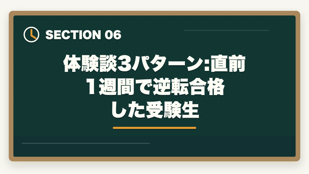 体験談3パターン:直前1週間で逆転合格した受験生｜介護福祉士試験まで残り1週間でやるべきこと7つ|逆転合格の最終チェックの図解