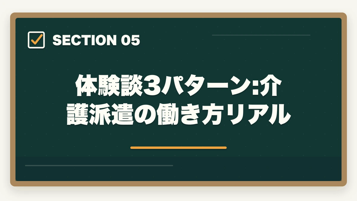 体験談3パターン:介護派遣の働き方リアル｜介護派遣で社会保険・有給・交通費はつく?権利5つと派遣会社選び方の図解
