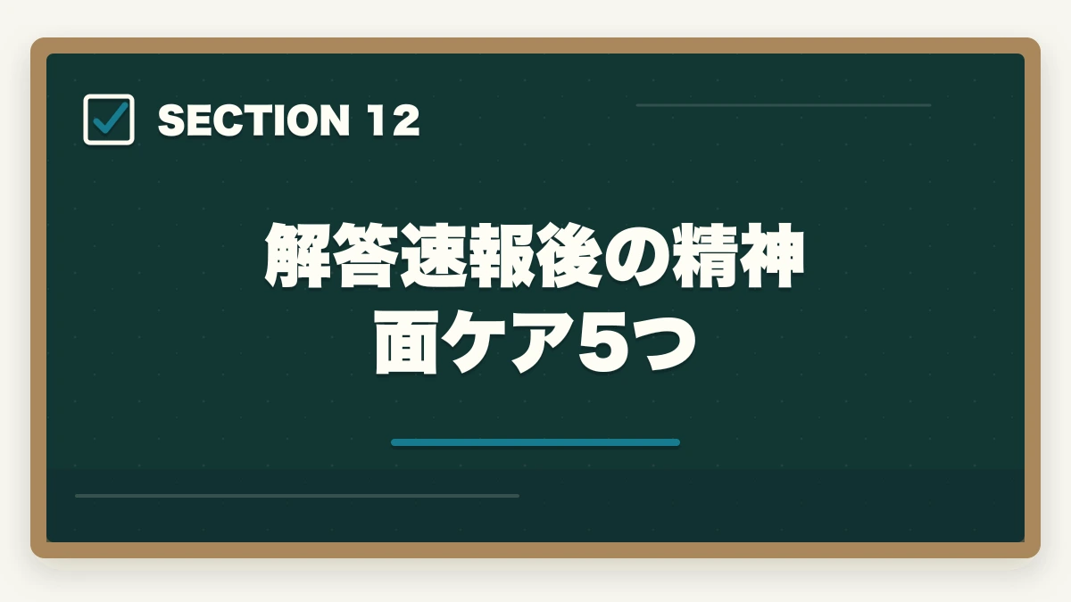 解答速報後の精神面ケア5つ｜ケアマネ試験の解答速報後にやるべき行動5つ|合格圏・不合格圏それぞれの戦略の図解