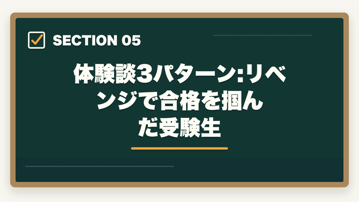 体験談3パターン:リベンジで合格を掴んだ受験生｜介護福祉士に不合格でも諦めない|1年後合格を実現するリベンジ戦略の図解