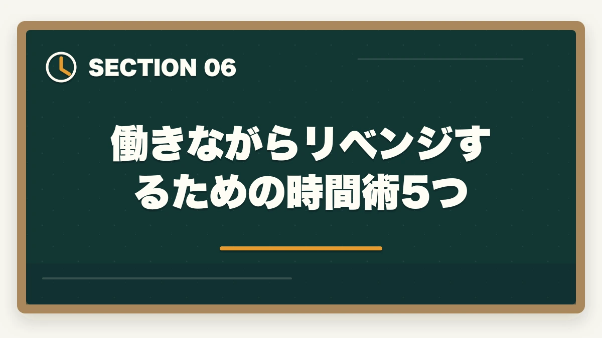 働きながらリベンジするための時間術5つ｜介護福祉士に不合格でも諦めない|1年後合格を実現するリベンジ戦略の図解