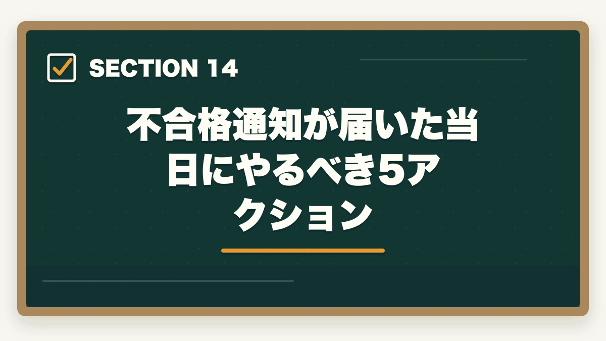 不合格通知が届いた当日にやるべき5アクション｜介護福祉士に不合格でも諦めない|1年後合格を実現するリベンジ戦略の図解