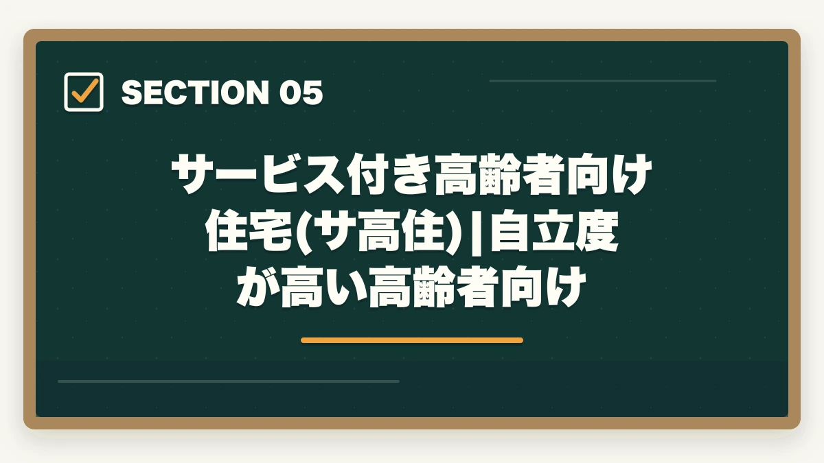 サービス付き高齢者向け住宅(サ高住)|自立度が高い高齢者向け｜介護施設の種類7つを徹底比較|特養・老健・有料・サ高住・グループホーム・小多機・訪問介護の図解