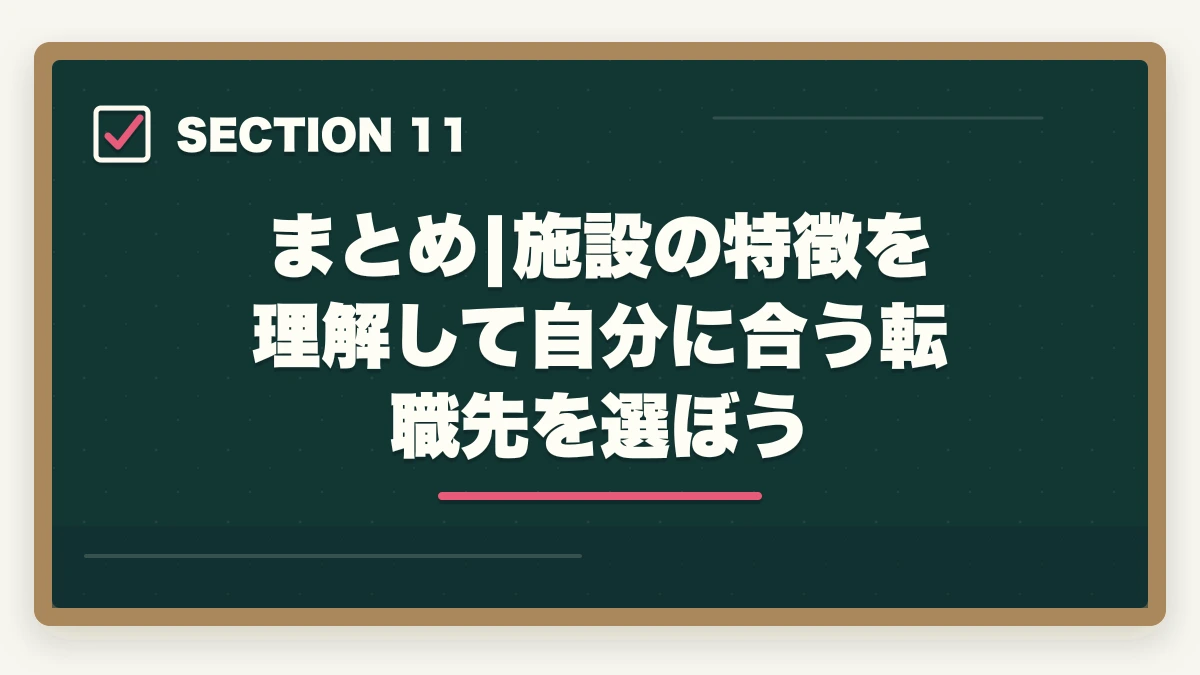 まとめ|施設の特徴を理解して自分に合う転職先を選ぼう｜介護施設の種類7つを徹底比較|特養・老健・有料・サ高住・グループホーム・小多機・訪問介護の図解