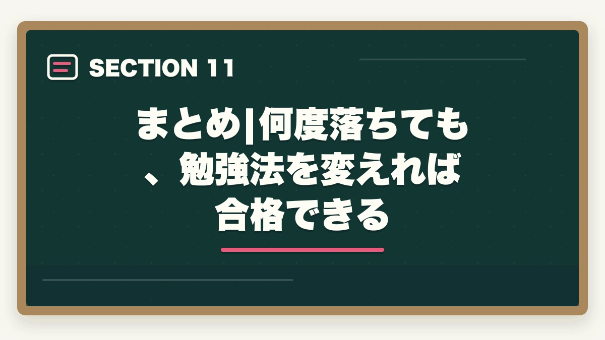 まとめ|何度落ちても、勉強法を変えれば合格できる｜登録販売者に2回・3回落ちた人の通信講座リベンジ戦略|独学から切り替えで合格をつかむの図解