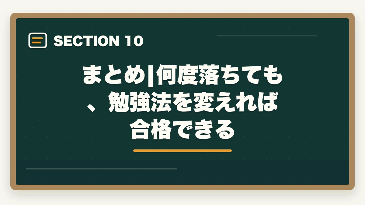 まとめ|何度落ちても、勉強法を変えれば合格できる｜医療事務に2回・3回落ちた人の通信講座リベンジ戦略|独学から切り替えで合格をつかむの図解