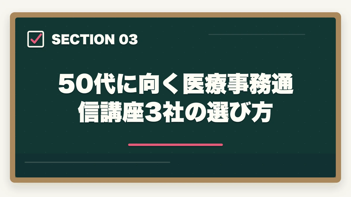 50代に向く医療事務通信講座3社の選び方｜医療事務は50代未経験から通信講座で取れる|セカンドキャリアを切り開く現実的戦略の図解