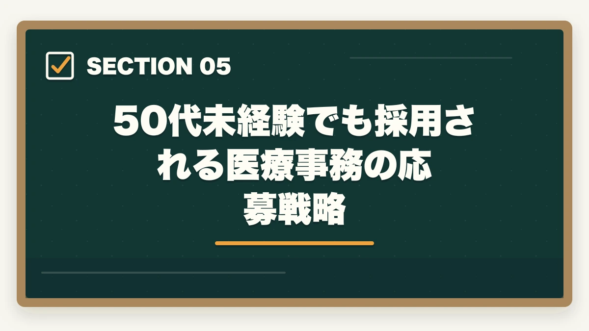 50代未経験でも採用される医療事務の応募戦略｜医療事務は50代未経験から通信講座で取れる|セカンドキャリアを切り開く現実的戦略の図解