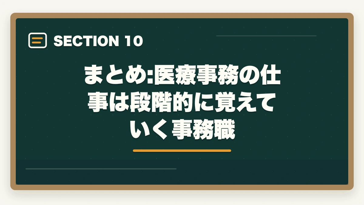 まとめ:医療事務の仕事は段階的に覚えていく事務職｜医療事務の仕事内容と1日の流れ|受付・会計・レセプト業務をリアルに完全解説の図解